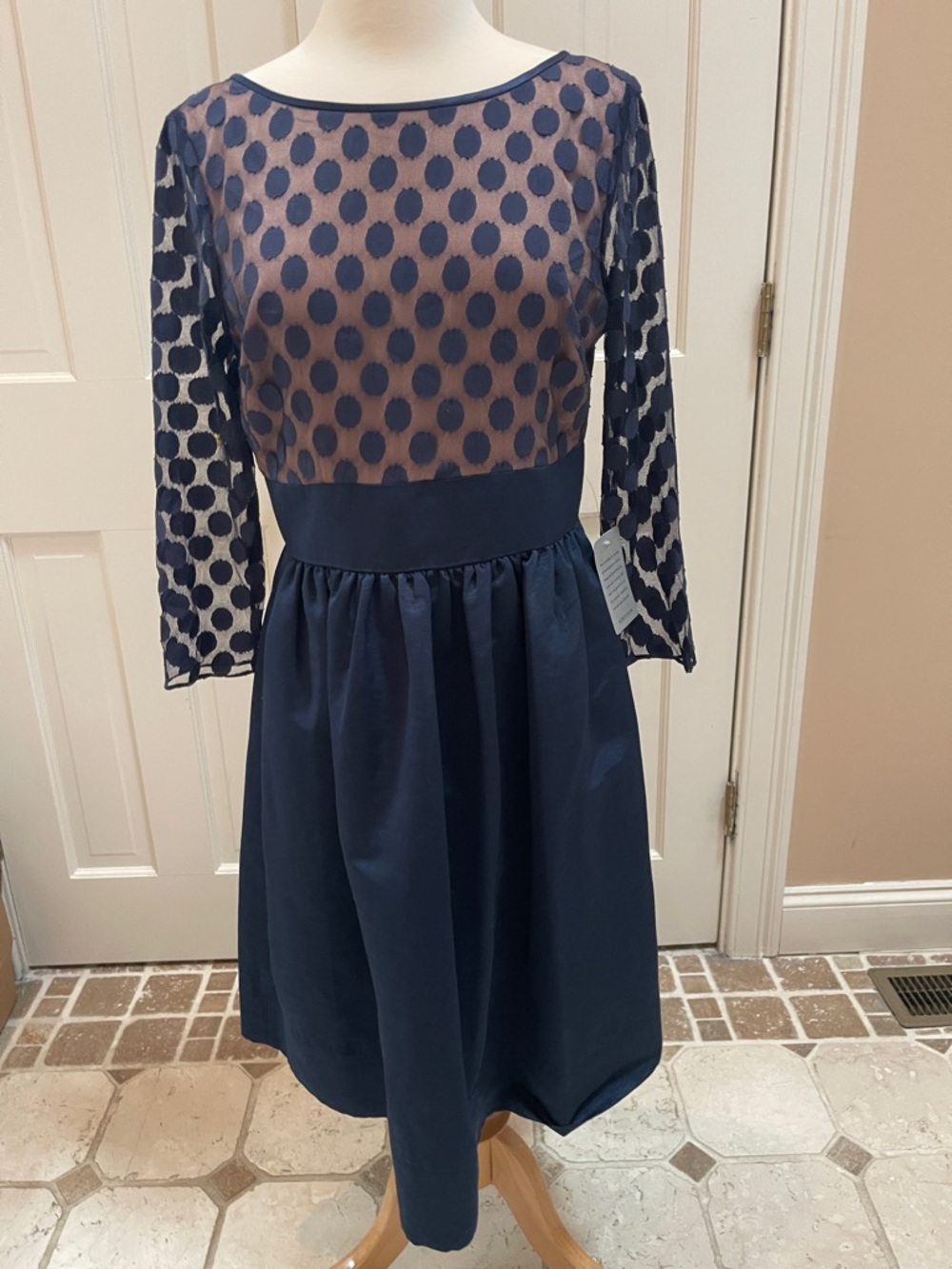Eliza J Dot Mesh Bodice Dress, sheer polka dot sleeves with full skirt Sz 8 NWT